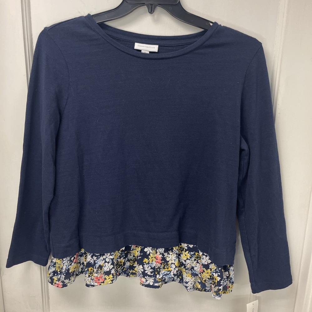 Charter Club Navy Blue Tunic Top Layer Floral Hem Round Neck Long Sleeve PL